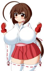 Rule 34 | 1girl, blush, breasts, brown eyes, brown hair, fingerless gloves, gloves, highres, huge breasts, japanese clothes, kimono, long sleeves, looking at viewer, miko, musubi, pokumii, red gloves, red skirt, sekirei, short hair, skirt, smile, standing, thighhighs, transparent background, white kimono, white thighhighs, wide sleeves