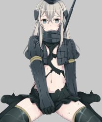 Rule 34 | 10s, 1girl, black thighhighs, blonde hair, blue eyes, blush, boots, cropped jacket, garrison cap, hat, kantai collection, long hair, long sleeves, looking at viewer, military, military uniform, oniku (oishii oniku), puffy sleeves, shirt tug, sitting, solo, thigh boots, thighhighs, torn clothes, u-511 (kancolle), uniform, wariza, wet, wet clothes