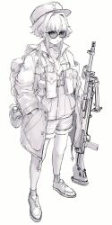 Rule 34 | 1girl, alma01, ammunition pouch, backpack, bag, bipod, bren lmg, canteen, dress shoes, gun, hair between eyes, hair intakes, hands in pockets, hat, highres, jacket, light machine gun, looking at viewer, machine gun, military, military hat, military uniform, monochrome, open clothes, open jacket, original, pouch, short hair, shorts, sidelocks, simple background, sketch, solo, sunglasses, uniform, weapon, white background