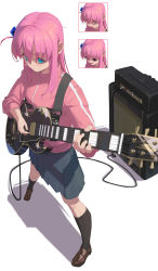 Rule 34 | 1girl, absurdres, amplifier, blue eyes, bocchi the rock!, cable, cube hair ornament, electric guitar, full body, gotoh hitori, guitar, hair ornament, highres, holding, holding instrument, instrument, kneehighs, li-mi, long hair, pink hair, pleated skirt, shadow, simple background, skirt, socks, solo, standing, white background