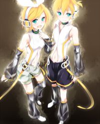 Rule 34 | 1boy, 1girl, aqua eyes, arm warmers, bad id, bad pixiv id, blonde hair, blush, brother and sister, detached sleeves, hair ornament, hair ribbon, hairclip, headphones, kagamine len, kagamine len (append), kagamine rin, kagamine rin (append), leg warmers, navel, popped collar, ribbon, short hair, shorts, siblings, smile, takabow, twins, vocaloid, vocaloid append