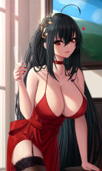 Rule 34 | 1girl, ahoge, azur lane, bare shoulders, black hair, blush, breasts, choker, cleavage, cocktail dress, collarbone, cup, dress, garter straps, hair between eyes, hair ornament, highres, holding, holding cup, large breasts, long hair, looking at viewer, official alternate costume, red choker, red dress, red eyes, smile, solo, taihou (azur lane), taihou (forbidden feast) (azur lane), thighhighs, thighs, very long hair, zaphn