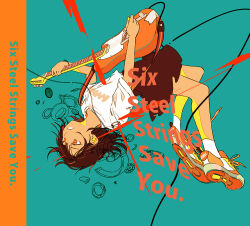 Rule 34 | 1girl, album cover, aqua background, arched back, broken, brown hair, brown skirt, cable, comiket 96, commentary, commentary request, cover, diffraction spikes, electric guitar, english commentary, english text, fender telecaster, floating hair, guitar, headphones, headphones removed, holding, holding plectrum, instrument, looking ahead, mixed-language commentary, music, non7, open mouth, orange eyes, original, partially colored, playing instrument, plectrum, print shirt, shirt, shoes, short hair, short sleeves, shoulder strap, skirt, sneakers, socks, solo, upside-down, white shirt, white socks