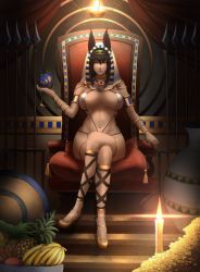 Rule 34 | 1girl, animal ears, armlet, banana, bangle, black hair, bracelet, breasts, breasts apart, brown footwear, candle, closed mouth, commentary request, crossed legs, cup, dark-skinned female, dark skin, dragon fruit, drinking glass, ears through headwear, egyptian, egyptian clothes, fire, fire, food, fruit, full body, gold, hair between eyes, highres, holding, holding cup, jewelry, large breasts, long hair, looking at viewer, minami koyogi, navel, necklace, original, pineapple, polearm, red eyes, serious, shoes, sitting, slingshot swimsuit, solo, spear, storage pot, swimsuit, tan, throne, tiara, weapon, white hood, wine glass