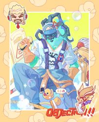 454iss azir bubble gloves hat headphones highres janitor_thresh mop name_tag rubber_gloves shirt sitting sponge suspenders thresh_(league_of_legends)