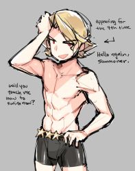 Rule 34 | 1boy, abs, blonde hair, english text, fire emblem, fire emblem fates, fire emblem heroes, ge-b, male focus, nintendo, open mouth, red eyes, short hair, smile, solo, swimsuit, xander (fire emblem)