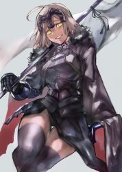Rule 34 | 1girl, ahoge, armor, armored dress, black dress, breasts, cape, chain, clenched teeth, commentary request, dress, fate/grand order, fate (series), faulds, flag, fur cape, fur trim, gauntlets, grey background, headpiece, highres, holding, holding flag, jeanne d&#039;arc (fate), jeanne d&#039;arc alter (avenger) (fate), jeanne d&#039;arc alter (fate), mocda3, silver hair, sitting, smile, solo, teeth, thighhighs, thighs, yellow eyes