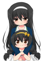 Rule 34 | 2girls, artist name, black hair, blue jacket, braid, brown eyes, closed mouth, commentary, girls und panzer, green shirt, hair ribbon, hairband, half-closed eyes, hug, hug from behind, jacket, long hair, long sleeves, looking at another, looking at viewer, low twin braids, low twintails, military, military uniform, miniskirt, multiple girls, ooarai military uniform, pleated skirt, putipuni, reizei mako, ribbon, shirt, signature, simple background, skirt, smile, standing, time paradox, twin braids, twintails, uniform, white background, white hairband, white skirt, yellow ribbon