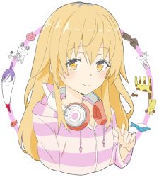 Rule 34 | 1girl, absurdres, bad id, bad twitter id, blonde hair, blush, closed mouth, cropped torso, donguri suzume, hand up, headphones, headphones around neck, highres, hood, hood down, hoodie, ienaga mugi, long sleeves, looking at viewer, nijisanji, smile, solo, striped clothes, striped hoodie, upper body, virtual youtuber, yellow eyes