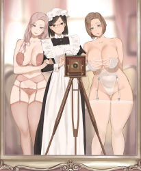 Rule 34 | 3girls, apron, arms behind back, bare shoulders, black dress, black eyes, black hair, blue eyes, blurry, blurry background, bra, breasts, brown hair, camera, cleavage, closed mouth, commentary request, depth of field, dress, edea (throtem), eyes visible through hair, garter belt, garter straps, glasses, hair over shoulder, hands on another&#039;s arm, highres, large breasts, leotard, long dress, long hair, long sleeves, looking at viewer, maid, multiple girls, nora (throtem), open mouth, original, panties, parted lips, purple eyes, rosemary (throtem), selfie, short hair, thigh gap, thighhighs, throtem, underwear, underwear only, victorian maid, white apron, white garter straps, white leotard, white thighhighs