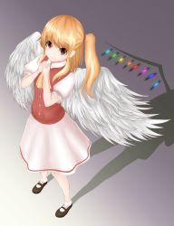Rule 34 | 1girl, absurdres, adapted costume, alternate wings, angel wings, ascot, blonde hair, bobby socks, different shadow, feathered wings, flandre scarlet, foreshortening, from above, gradient background, grey background, highres, interlocked fingers, looking at viewer, looking up, mary janes, no headwear, own hands clasped, own hands together, puffy short sleeves, puffy sleeves, red eyes, red shirt, shadow, shirt, shoes, short hair, short sleeves, side ponytail, skirt, smile, socks, solo, touhou, waravinh, wings