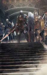Rule 34 | 4others, ambiguous gender, armor, commentary request, dark souls (series), facing viewer, full armor, helm, helmet, highres, holding, holding polearm, holding shield, holding spear, holding sword, holding weapon, indoors, mono (jdaj), multiple others, polearm, realistic, shield, spear, stairs, sword, weapon