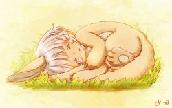 Rule 34 | 1other, animal ears, artist name, brown background, commentary request, closed eyes, facing viewer, furry, grass, grey hair, highres, lying, made in abyss, nanachi (made in abyss), nina (maurururoa), nude, on grass, on ground, on side, other focus, parted lips, signature, sleeping, solo, tail, whiskers