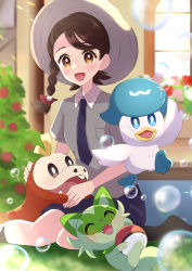 Rule 34 | 1girl, :d, blurry, blush, braid, brown eyes, brown hair, bubble, collared shirt, commentary request, creatures (company), fuecoco, game freak, grass, grey headwear, grey shirt, happy, haru (haruxxe), hat, highres, holding, holding poke ball, juliana (pokemon), necktie, nintendo, open mouth, poke ball, poke ball (basic), pokemon, pokemon (creature), pokemon sv, purple necktie, purple shorts, quaxly, shirt, short sleeves, shorts, sitting, smile, sprigatito, starter pokemon trio, tongue
