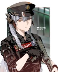 Rule 34 | 1girl, arknights, black gloves, black hat, black shirt, blouse, bulletproof vest, closed mouth, collared shirt, commentary, dragon horns, expressionless, gloves, grey hair, gun, hair between eyes, hat, highres, holding, holding gun, holding weapon, horns, long hair, looking at viewer, military hat, official alternate costume, oxy (ho2), peaked cap, police, police uniform, red eyes, saria (arknights), saria (the law) (arknights), shirt, shoulder pads, sidelocks, solo, uniform, upper body, walkie-talkie, weapon, wing collar