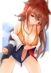 Rule 34 | 1girl, absurdres, ahoge, bad id, bad pixiv id, bikini, black jacket, blush, breasts, brown eyes, cleavage, closed mouth, collarbone, day, hair flaps, headband, highres, jacket, jewelry, kantai collection, large breasts, leaning forward, long hair, looking at viewer, necklace, open clothes, open jacket, outside border, red hair, red headband, remodel (kantai collection), ring, ring necklace, shiratsuyu (kancolle), smile, solo, swimsuit, terebi-, wedding band, yellow bikini, zipper
