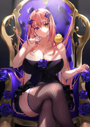 Rule 34 | breasts, chair, cleavage, crossed legs, dress, fishnet thighhighs, fishnets, hair ornament, hand rest, highres, kasumi komo, large breasts, long hair, looking at viewer, multicolored eyes, nail polish, original, pink hair, sitting, sleeveless, sleeveless dress, thick thighs, thighhighs, thighs