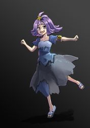 Rule 34 | 1girl, absurdres, acerola (pokemon), black background, creatures (company), dress, elite four, eyebrows, eyelashes, full body, game freak, hair ornament, highres, komakinyan, looking at viewer, nintendo, open mouth, open shoes, pokemon, pokemon sm, purple eyes, purple hair, sandals, solo