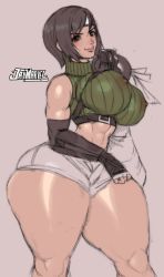 Rule 34 | 1girl, 2021, asian, ass, belt, breasts, brown eyes, brown hair, bulge, covered erect nipples, erection, erection under clothes, final fantasy, gauntlets, happy, highres, huge ass, jay-marvel, large breasts, legs, legs apart, nipples, short hair, sleeveless, smile, solo, thick lips, thick thighs, thigh gap, thighhighs, thighs, white background, yuffie kisaragi