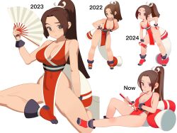Rule 34 | 1girl, bare shoulders, belt, bracer, breasts, brown hair, commentary, covered navel, english commentary, grey eyes, hair ribbon, hand fan, hand on own hip, hand on own thigh, high ponytail, highres, holding, holding fan, knee up, large breasts, long hair, monster l (hochihochiha), multiple views, parted bangs, pelvic curtain, revealing clothes, ribbon, shiranui mai, simple background, sitting, standing, the king of fighters, white background, white ribbon