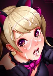 Rule 34 | 1girl, after fellatio, animal ears, black cat d.va, black gloves, blonde hair, bow, bowtie, cat ears, cum, cum in mouth, cum on hair, d.va (overwatch), earrings, facial, gloves, heart, heart earrings, jewelry, lips, neocoill, overwatch, overwatch 1, paw pose, purple bow, purple bowtie, purple eyes, solo, solo focus, swept bangs, twintails