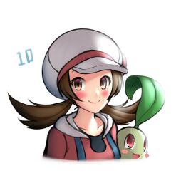 Rule 34 | 1girl, blush, brown eyes, brown hair, cabbie hat, chikorita, closed mouth, creatures (company), game freak, gen 2 pokemon, hat, looking at viewer, lyra (pokemon), nintendo, pinguinkotak, pokemon, pokemon (creature), pokemon hgss, smile, twintails, upper body, white background, white headwear