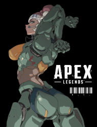 Rule 34 | 1girl, absurdres, android, animification, apex legends, arched back, ass, barcode, black background, breasts, cable, clenched hands, copyright name, dark-skinned female, dark skin, double bun, hair bun, headband, headset, highres, large breasts, lifeline (apex legends), logo, looking back, mechanical arms, mechanical legs, mechanization, parted lips, red hair, solo, white headband, yangzhe da baicai