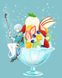 Rule 34 | 10s, 1boy, absurdres, apple, apple slice, bishounen, black footwear, blue background, blue hair, blueberry, boots, bowl, cape, dessert, food, fruit, gelatin, highres, holding, holding spoon, ice cream, in food, jacket, kiwi (fruit), long sleeves, looking at viewer, male focus, mikleo (tales), mini person, miniboy, mint, pants, purple eyes, short hair, simple background, sitting, smile, solo, spoon, strawberry, sugar cube, swept bangs, tales of (series), tales of zestiria, white pants