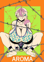 Rule 34 | 1girl, ahoge, bare shoulders, blonde hair, border, breasts, chain, chained, cleavage, codeorange162, facing viewer, female focus, flat color, green background, gyaru, hidden eyes, highres, hoshizaki mika, huge breasts, licking lips, multicolored hair, orange border, original, pink hair, short hair, short shorts, shorts, sitting, skindentation, smile, soles, solo, spikes, spread legs, thick thighs, thighs, tongue, tongue out, two-tone hair, wire