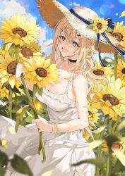 Rule 34 | 1girl, absurdres, blonde hair, blue eyes, blush, bow, bracelet, breasts, choker, cleavage, cloud, cloudy sky, commentary request, cowboy shot, dappled sunlight, day, dress, fang qiao, floral background, flower, hair between eyes, hair ornament, hairclip, hat, hat bow, hat flower, hat ribbon, highres, holding, holding flower, jewelry, large breasts, lens flare, light particles, long hair, looking at viewer, mole, mole under eye, open mouth, original, outdoors, ribbon, sideboob, sky, sleeveless, sleeveless dress, smile, solo, standing, straw hat, sun hat, sundress, sunflower, sunlight, sweat, sweatdrop, white dress