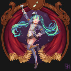 Rule 34 | 1girl, :d, absurdly long hair, anniversary, aqua eyes, aqua hair, arm up, armlet, artist name, artist request, band uniform, birthday, black background, black skirt, black thighhighs, blue dress, blue eyes, blue hair, blue thighhighs, breasts, curtains, doremifa rondo (vocaloid), dress, female focus, floating hair, full body, grey jacket, grey thighhighs, hair between eyes, hair ornament, happy birthday, hat, hatsune miku, highres, holding, holding instrument, instrument, jacket, long hair, long sleeves, long twintails, mini hat, miniskirt, musical note, musical note print, open mouth, plaid, plaid dress, plaid skirt, pleated, pleated dress, pleated skirt, puffy long sleeves, puffy sleeves, shako cap, shoes, skirt, small breasts, smile, solo, standing, standing on one leg, thighhighs, treble clef, twintails, user xefs3474, very long hair, vocaloid