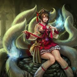 Rule 34 | 1girl, ahri (league of legends), animal ears, artist request, bell, bow, braid, braided bun, breasts, brown hair, collarbone, facepaint, fang, fox ears, fox girl, fox tail, hair bun, hair ornament, hanbok, holding, holding ribbon, kitsune, korean clothes, league of legends, legs, looking at viewer, magic, medium breasts, multiple tails, nail, open mouth, outdoors, red bow, red ribbon, ribbon, rock, shiny skin, sitting, sitting on rock, slit pupils, smile, solo, source request, tail, white tail, yellow eyes