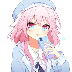 Rule 34 | 1girl, :p, absurdres, beret, blue eyes, blue hat, blue jacket, blush, cellphone, commentary, cross, cross necklace, hat, heart, highres, holding, holding phone, honkai: star rail, honkai (series), hood, hoodie, jacket, jewelry, long sleeves, march 7th (honkai: star rail), multicolored eyes, necklace, phone, pink eyes, pink hair, purple hoodie, shirt, short hair, sidelocks, simple background, solo, tongue, tongue out, upper body, uwasewau, white background, white shirt