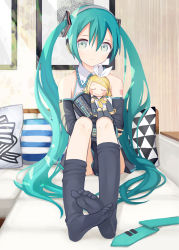Rule 34 | 1girl, black thighhighs, character doll, couch, cushion, feet, green eyes, green hair, hair ribbon, hatsune miku, highres, kagamine rin, kari kenji, long hair, looking at viewer, necktie, pleated skirt, ribbon, sitting, skirt, smile, solo, stuffed toy, thighhighs, twintails, very long hair, vocaloid