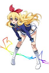 Rule 34 | 10s, 1girl, :d, aikatsu!, aikatsu! (series), bent over, blonde hair, boots, eyebrows, full body, hair ribbon, hands on own knees, highres, hoshimiya ichigo, jacket, knee boots, long hair, long sleeves, looking at viewer, open mouth, pleated skirt, red eyes, red ribbon, ribbon, school uniform, simple background, skirt, smile, solo, white background, white skirt, yumekaranigeruna