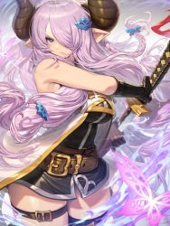 Rule 34 | 1girl, absurdres, bare shoulders, belt, blue eyes, braid, breasts, commentary, draph, gloves, granblue fantasy, hair ornament, hair over one eye, hairclip, hichi, highres, holding, holding weapon, horns, katana, large breasts, lips, long hair, looking away, mouth hold, narmaya (granblue fantasy), pink hair, pointy ears, serious, sheath, shiny skin, simple background, single thighhigh, sleeveless, solo, sword, thigh strap, thighhighs, thighs, weapon