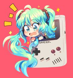 Rule 34 | 1girl, ^^^, aqua eyes, aqua hair, aqua necktie, blush, commentary, english commentary, game boy, game boy (original), hair between eyes, hair ornament, handheld game console, hatsune miku, headphones, long hair, looking down, necktie, onsta, open mouth, red background, solo, twintails, very long hair, vocaloid