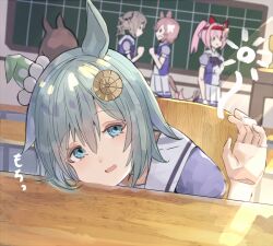 Rule 34 | 5girls, animal ears, blue eyes, blurry, blurry background, bow, classroom, commentary request, cowboy shot, ear covers, ear down, grey hair, hair between eyes, haru urara (umamusume), head rest, horse ears, horse girl, horse tail, looking at viewer, medium hair, multiple girls, open mouth, pink hair, ponytail, purple shirt, racing, red bow, seiun sky (umamusume), shirt, short hair, single ear cover, sleepy, smile, solo focus, table, tail, the olphy, umamusume, wooden chair