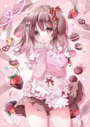 Rule 34 | 1girl, animal ears, apron, blush, bow, brown hair, cupcake, dog ears, finger to mouth, food, frills, fruit, hair ornament, heart, heart hair ornament, highres, long sleeves, moco ofuton, original, pink eyes, pleated skirt, rabbit ears, ribbon, skirt, solo, strawberry, valentine, white apron