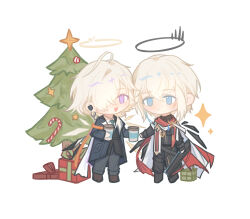 Rule 34 | 2boys, ahoge, arknights, bieshi, black pants, blonde hair, blue eyes, blue jacket, blue necktie, blush, brown footwear, candy, candy cane, cape, chibi, christmas ornaments, christmas tree, commentary, cup, earpiece, enforcer (arknights), english commentary, executor (arknights), executor the ex foedere (arknights), food, full body, gift, giving, grey pants, gun, hair over one eye, halo, highres, holding, holding cup, holding gun, holding weapon, jacket, looking at another, looking at viewer, male focus, multiple boys, necktie, open mouth, pants, purple eyes, red scarf, scarf, short hair, simple background, smile, sparkle, weapon, white background, white cape, wings