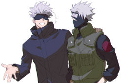Rule 34 | 2boys, black blindfold, black headband, black jacket, blindfold, covered eyes, crossover, flak jacket, forehead protector, gojou satoru, hand on another&#039;s shoulder, hatake kakashi, headband, high collar, jacket, jujutsu kaisen, long sleeves, looking at another, male focus, mask, multiple boys, naruto, naruto (series), one eye covered, open mouth, short hair, simple background, sketch, smile, spiked hair, upper body, white background, white hair, yarr