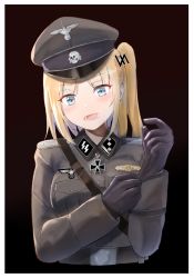 Rule 34 | 1girl, absurdres, blonde hair, blue eyes, commentary, cross, germany, gloves, hat, highres, iron cross, long hair, military, military hat, military uniform, nazi, original, peaked cap, side ponytail, solo, ss insignia, swastika, totenkopf, unicron (brous), uniform, upper body, world war ii