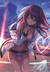 Rule 34 | 1girl, absurdres, bare shoulders, bikini, blurry, blurry background, blush, breasts, cloud, cloudy sky, collarbone, fireworks, hanikami kanojo, highres, index finger raised, jacket, lips, long hair, long sleeves, looking at viewer, medium breasts, minazumi kasane, navel, ocean, off shoulder, open clothes, open jacket, piromizu, scan, simple background, sky, smile, solo, sparkler, stomach, sunset, swimsuit, thighs, water, water drop, wet
