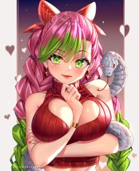 Rule 34 | 1girl, absurdres, alternate costume, arm between breasts, arm under breasts, between breasts, blush, bow, braid, breasts, cleavage cutout, clothing cutout, crop top, earrings, enma (enmanuelart), gradient hair, green eyes, green hair, hair between eyes, hair bow, heart, heart cutout, heart earrings, highres, jewelry, kanroji mitsuri, kimetsu no yaiba, large breasts, lipstick, long hair, looking at viewer, makeup, mole, mole under eye, multicolored hair, nail polish, pink hair, red bow, red lips, red nails, red sweater, ribbed sweater, ring, sleeveless, sleeveless sweater, sleeveless turtleneck, smile, snake, solo, sweater, turtleneck, upper body