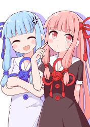 Rule 34 | 2girls, anger vein, annoyed, arm behind back, blue hair, blunt bangs, blush stickers, closed eyes, collared dress, dress, finger to cheek, flower knot, hair ornament, hair tie, hand up, highres, himajin narou, index finger raised, kotonoha akane, kotonoha aoi, long hair, looking up, multiple girls, open mouth, pink eyes, pursed lips, short sleeves, siblings, sidelocks, sisters, smile, sweat, v-shaped eyebrows, very long hair, voiceroid