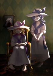 Rule 34 | 1other, 2girls, absurdres, artist request, barefoot, blonde hair, blue hair, blue sailor collar, bow, chair, dual persona, closed eyes, full body, hat, hat bow, highres, long skirt, louise (touhou), medium hair, multiple girls, portrait (object), purple sailor collar, red eyes, sailor collar, sailor shirt, shinki (touhou), shirt, sitting, skirt, smile, standing, touhou, touhou (pc-98), white shirt