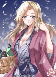 Rule 34 | 1girl, artist logo, basin, bath yukata, blonde hair, breasts, cleavage, commentary request, failure penguin, grey eyes, happi, highres, hornet (kancolle), japanese clothes, kantai collection, kentan (kingtaiki), kimono, large breasts, long hair, looking at viewer, one-hour drawing challenge, solo, squeeze bottle, upper body, yukata