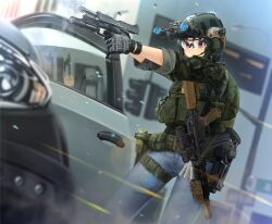 Rule 34 | absurdres, ar-15, assault rifle, camouflage, camouflage jacket, car, casing ejection, commentary, commission, cowboy shot, denim, dutch angle, ear protection, english commentary, enpera (jdud8375), finger on trigger, gloves, grenade launcher, gun, h&amp;k usp, handgun, highres, holding, holding gun, holding weapon, jacket, jeans, lens flare, load bearing vest, m320, modular weapon system, motor vehicle, night vision device, original, outdoors, pants, pistol, rifle, shell casing, stand-alone configuration, watch, weapon, wristwatch