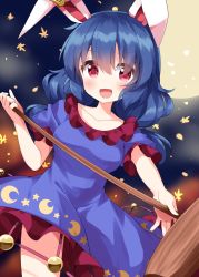 Rule 34 | 1girl, animal ears, blue dress, blue hair, blush, collarbone, crescent print, dress, frilled dress, frilled sleeves, frills, hair between eyes, highres, holding, kine, long hair, mallet, open mouth, rabbit ears, rabbit girl, red eyes, ruu (tksymkw), seiran (touhou), short sleeves, smile, solo, star (symbol), star print, touhou