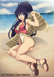 Rule 34 | 1girl, absurdres, antenna hair, armpits, ass, beach, black hair, blue eyes, braid, breasts, chuunioniika, cleavage, commentary, covered navel, day, english commentary, fire emblem, fire emblem: the sacred stones, fire emblem heroes, full body, highleg, highleg swimsuit, highres, long hair, lying, medium breasts, nail polish, nintendo, o-ring, ocean, on side, open mouth, patreon username, sandals, side braids, smile, solo, strap gap, swimsuit, tana (fire emblem), tana (summer) (fire emblem), toenail polish, toenails, toes, towel, twin braids